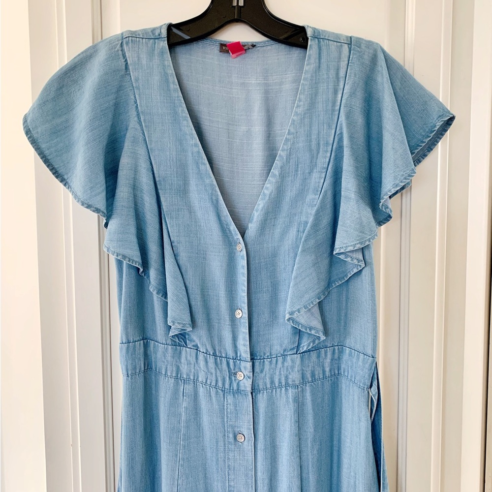Vince Camuto Women's Blue Ruffled Button Front Chambray Shirt Dress Size… - Picture 3 of 7